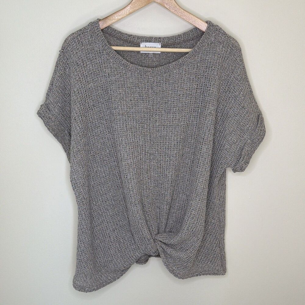 Korye Short-sleeve pullover Open Knit sweater Front Knot Hem Taupe Gray Size 1x